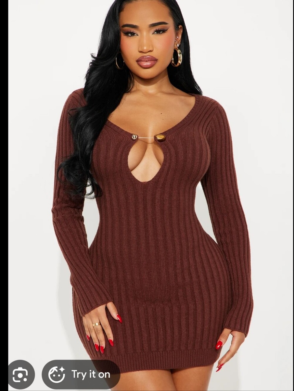 Fashion Nova Ribbed Long Sleeve Sweater Dress - Deep Brown